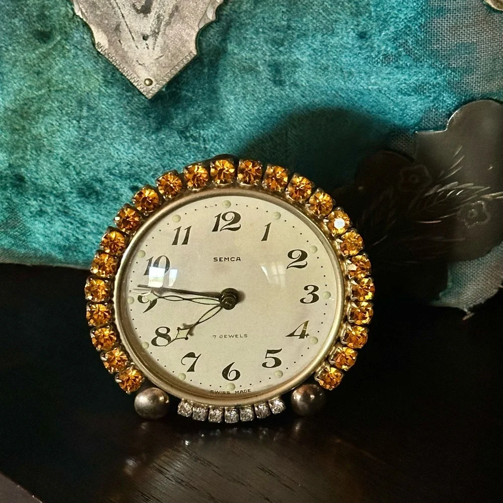 1900's Vintage Semca 7 Jewels Alarm Clock Swiss Yellow Gold Diamond Rhinestones - Picture 7 of 7